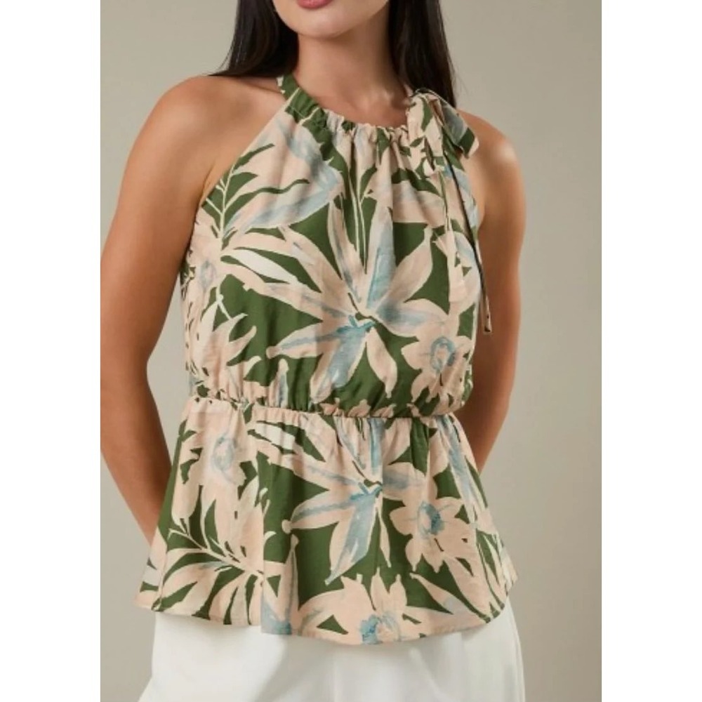 Gilli Womens Tropical Leaf Halter Peplum Top Green Peach Floral Blouse Large